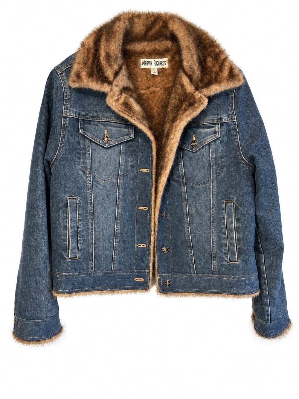 Marvin Richards Women’s Faux Fur Lined Denim Trucker Jacket Y2K Jean Coat Med